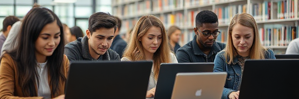 Image of a diverse group of people using laptop computers in a public library setting
